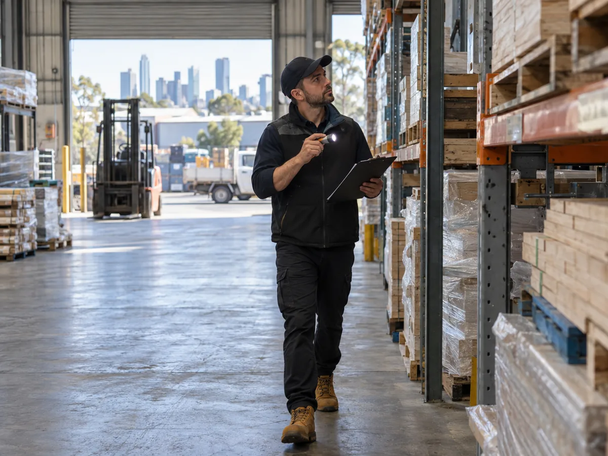 Pest inspector walking through a warehouse with steel racking and timber pallets
