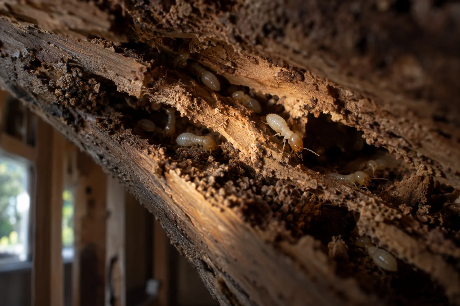 Subterranean termites inside damaged hardwood framing timber