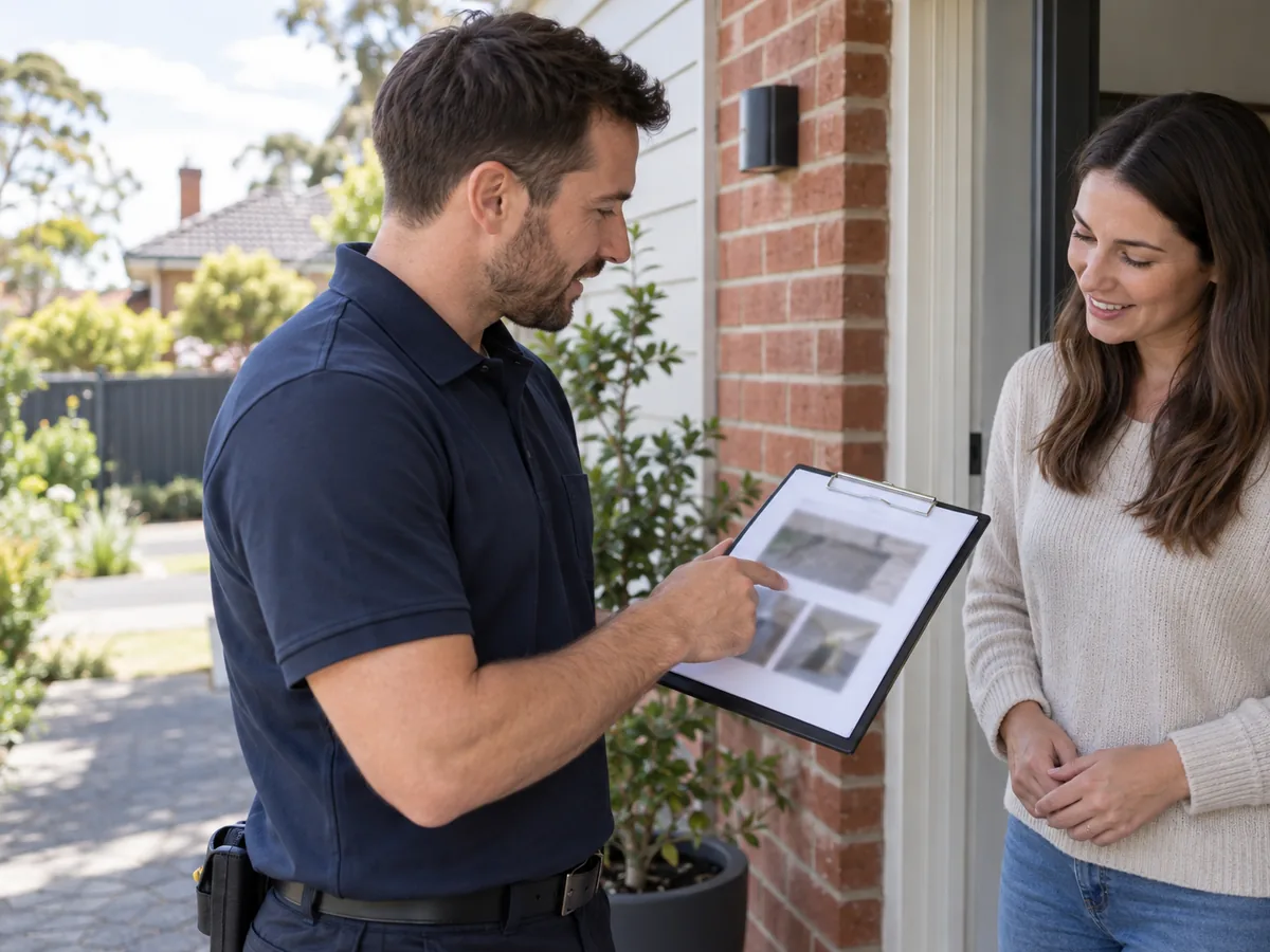 Pest inspector explaining an inspection report to a homeowner at the front door