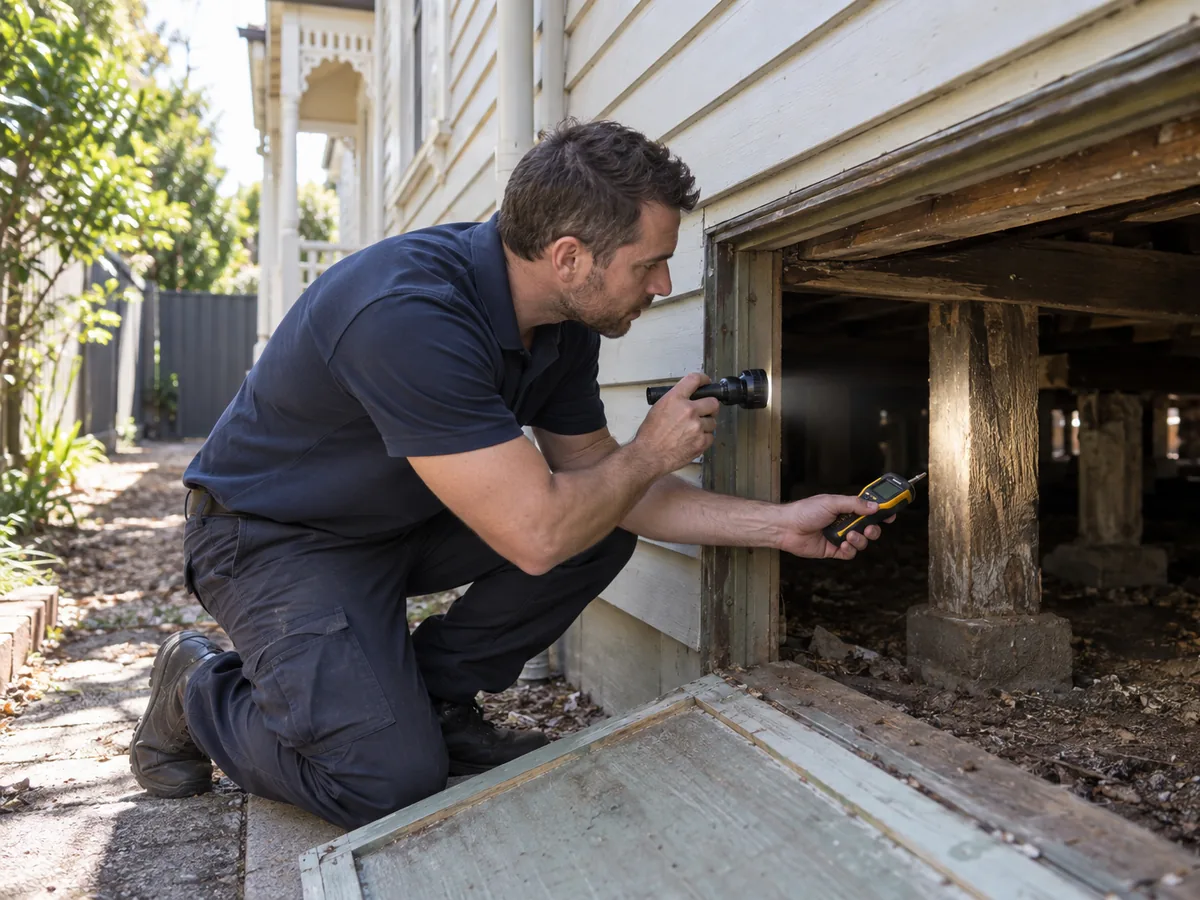 Pest inspector checking the subfloor of a weatherboard house with a torch and moisture meter