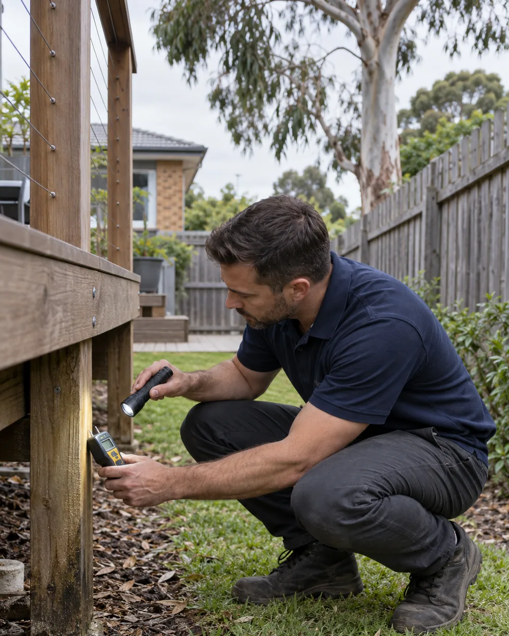 Pest technician inspecting timber deck posts and a paling fence in a Melbourne backyard
